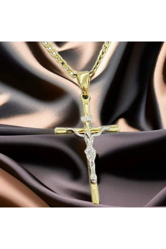 Jesus Necklace 14K Cross Two Tone Curb Chain 24" Gifts Religious Jewelry For Mens Adults