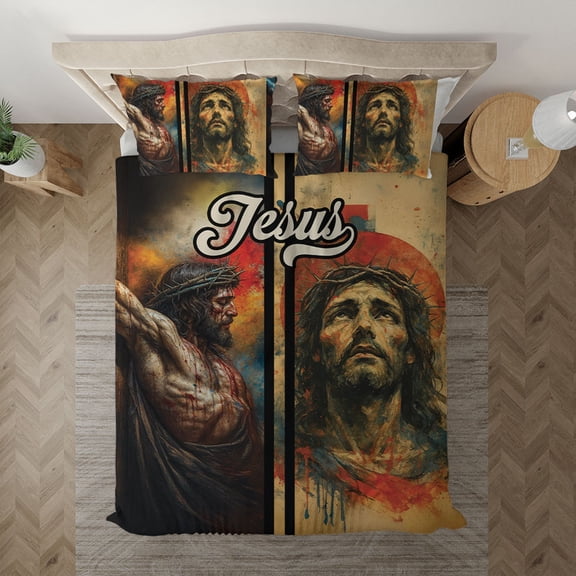 Jesus On The Cross Bedding Set – Christian Crown of Thorns Duvet Cover & Pillowcases – Faith-Based Religious Bed Set for Believers and Church Decor