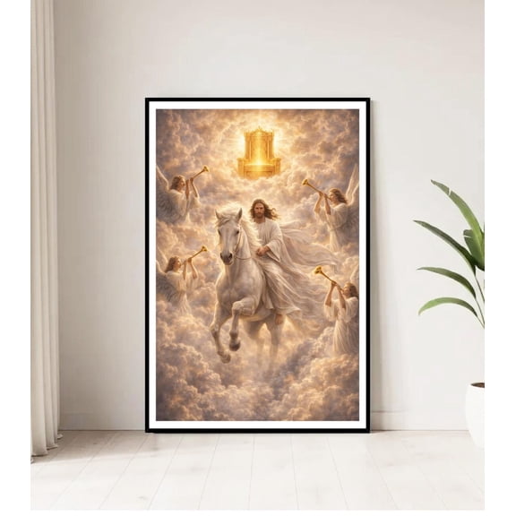 Jesus On White Horse Poster, Christian Wall Art, Heavenly Throne Print, Religious Decor