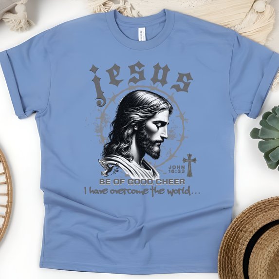 Jesus Overcome the World Shirt – John 16:33 Scripture T-Shirt with Crown of Thorns, CarolinaBlue, Size L