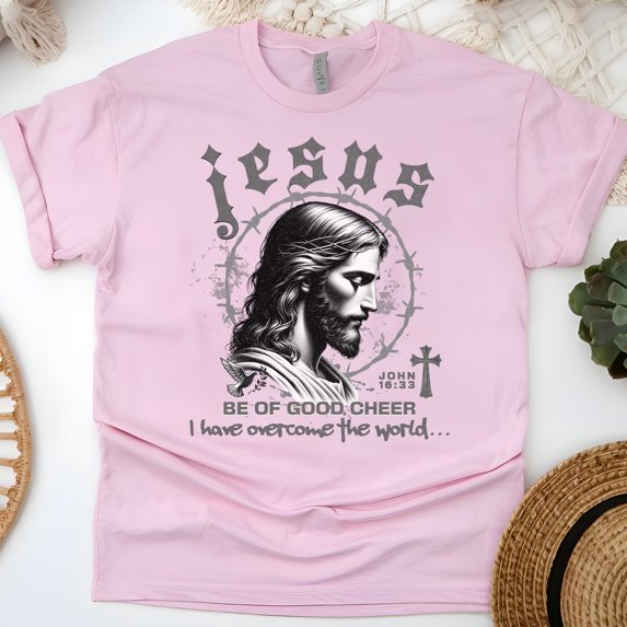 Jesus Overcome the World Shirt – John 16:33 Scripture T-Shirt with Crown of Thorns, Light Pink, Size M