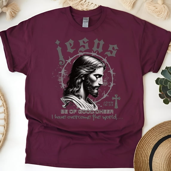 Jesus Overcome the World Shirt – John 16:33 Scripture T-Shirt with Crown of Thorns, Maroon, Size M