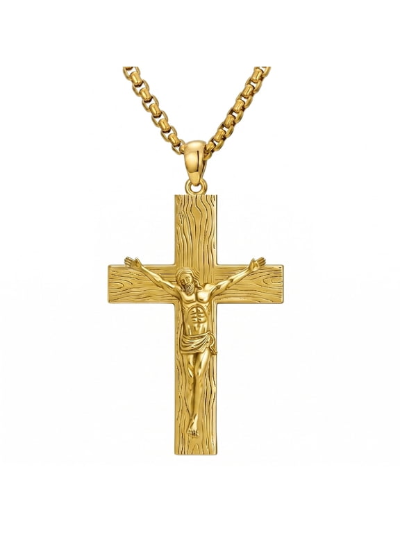 Jesus Pendant Necklace for Men Women, Crucifix Necklace for Men, 14K Gold Plated Wood-Grain Crucifix, Catholic Religious Jewelry Gift