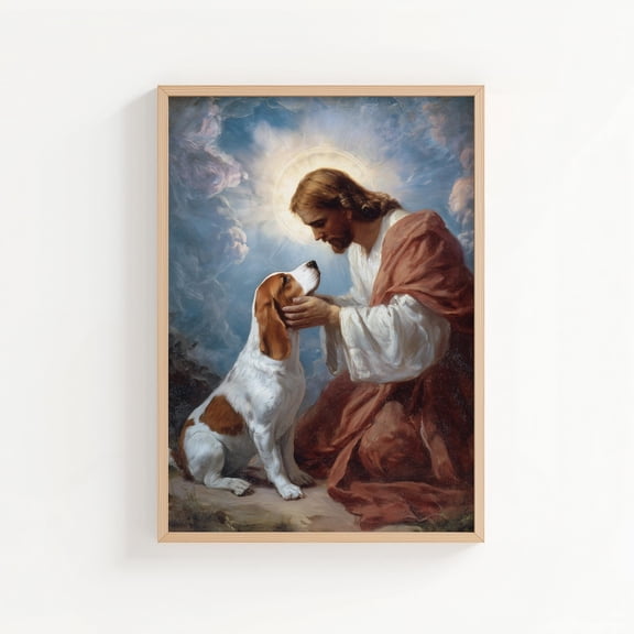 Jesus Petting Beagle Print Dog Memorial Style Wall Art Dog In Heaven Christian Art Unframed Paper Print