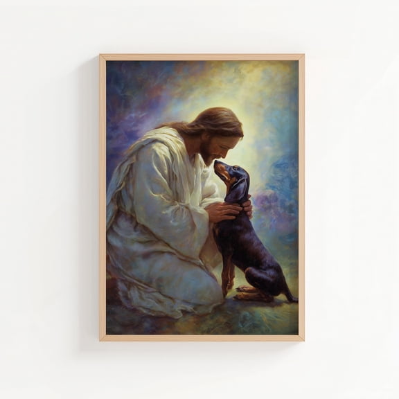 Jesus Petting Dachshund Print Dog Memorial Style Wall Art Wiener Dog In Heaven Christian Art Unframed Paper Print