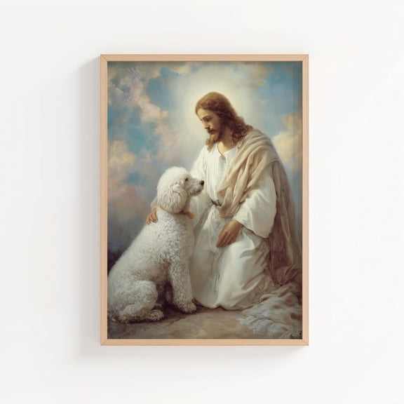 Jesus Petting Poodle Print Dog Memorial Style Wall Art Dog In Heaven Christian Art, Unframed Paper Poster 8x10in