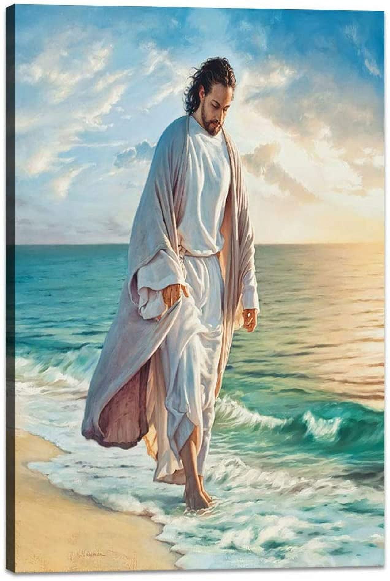Jesus Picture Framed Wall Decor Jesus Walks On Beach Wall Art for Bedroom  Office Framed Ready to Hang