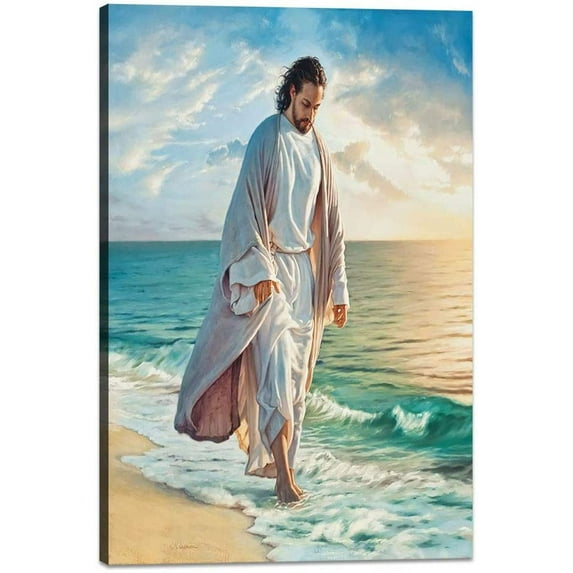 Jesus Picture Framed Wall Decor Jesus Walks On Beach Wall Art for Bedroom Office Framed Ready to Hang