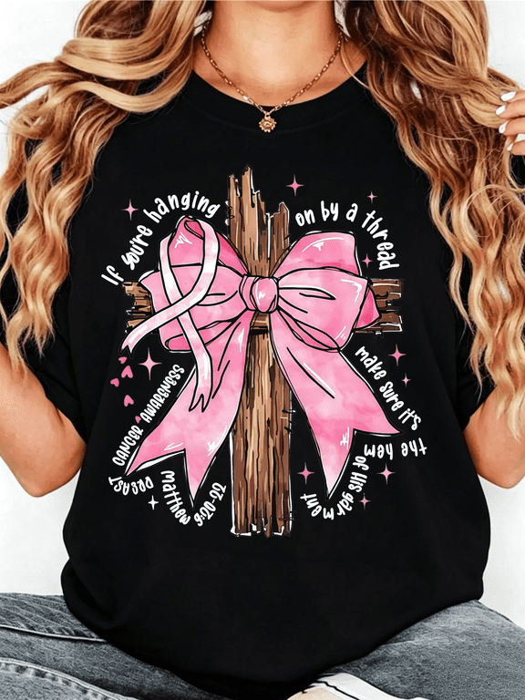 Jesus Pink Bow Cross Breast Cancer Awareness T-Shirt, Pink Ribbon Bible Tee
