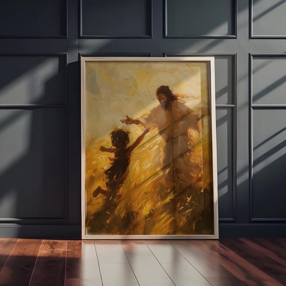 Jesus Playing With Boy Perfect For Baptism First Communion Meaningful Present From Godparents Wall Art For Room, Unframed Paper Poster 11x14in