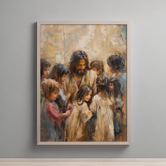 Jesus Playing With Children Art Perfect For Room Baptism Christening Religious Above Bed Art, Unframed Canvas 8x10in