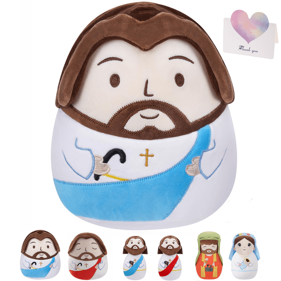 Jesus Plush Pillow, 8*8in, Christian Religious Gift with Cross Embroidery & Prayer Design, Soft Stuffed Jesus Doll for Christmas Easter Baptism Gift