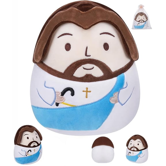 Jesus Plush Pillow with Cross Embroidery, Soft Christian Stuffed Toy Gift for Kids and Adults, Includes Gift Bag for Christmas, Easter, and Baptism