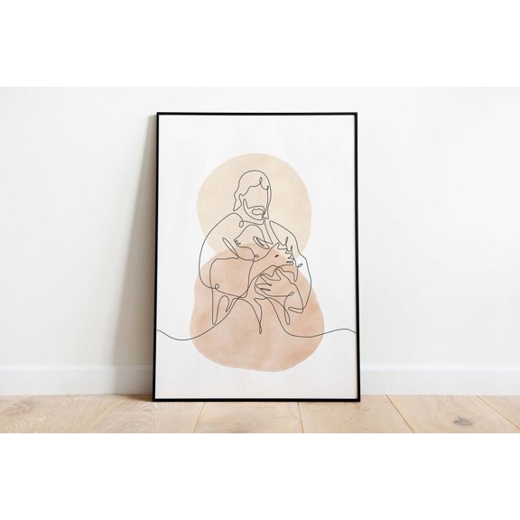 Jesus Portrait Line Art Print Boho Christian Wall Decor, Unframed Canvas 8x10in
