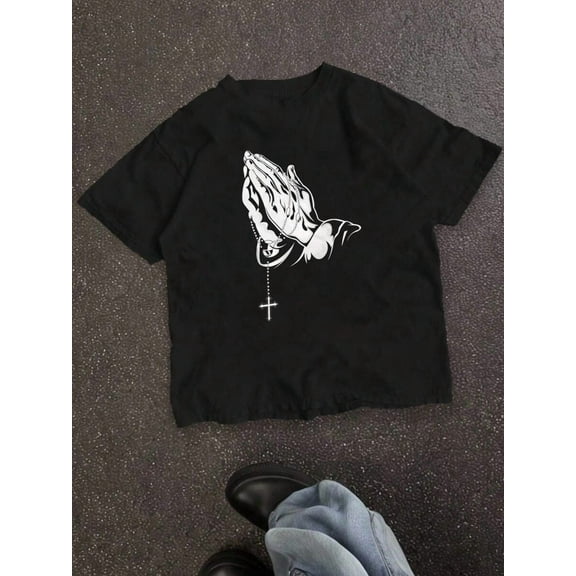 Jesus/Pray With Both Hands/Prayers/Teen Boys Casual Cartoon Print Short Sleeve T-Shirt, Cotton Blend, Suitable For Summer