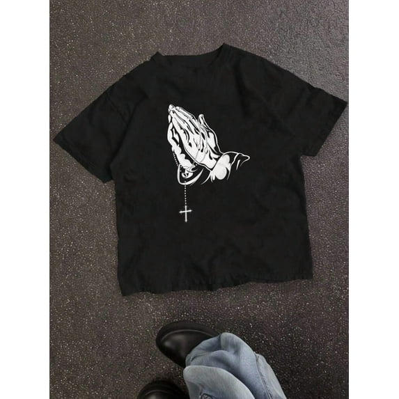 Jesus/Pray With Both Hands/Prayers/Teen Boys Casual Cartoon Print Short Sleeve T-Shirt, Cotton Blend, Suitable For Summer