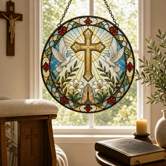 Jesus Prayer Room Decor Stained Glass Suncatcher for Window Hanging