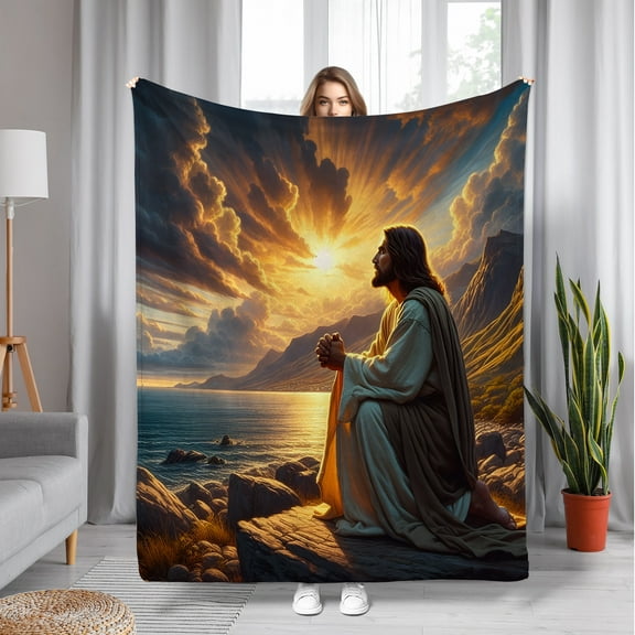 Jesus Prayer Seascape Digital Print Throw Blanket Soft Flannel All Season Lightweight Blanket Sofa Travel Naps Contemporary Religious Art Serene Sunset Design Home Decor Artistic Home