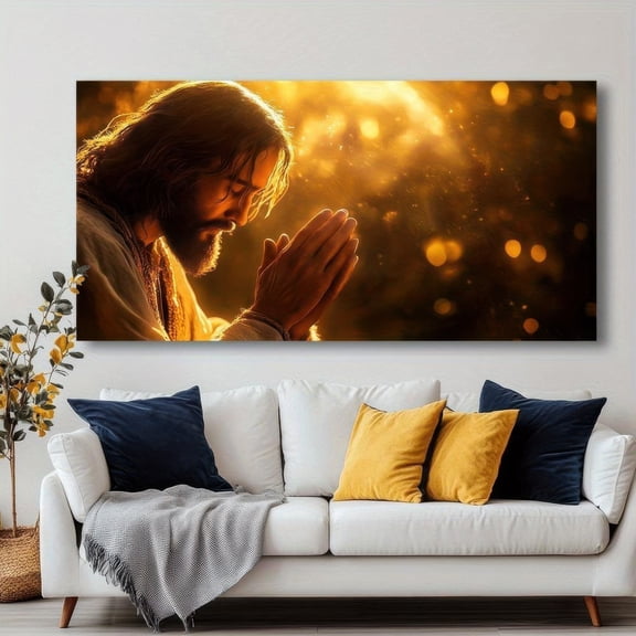 Jesus Praying Canvas Wall Art Framed 48x24 Inch Religious Spiritual Home Decor for Living Room Bedroom Office Modern Christian Gift Ready to Hang