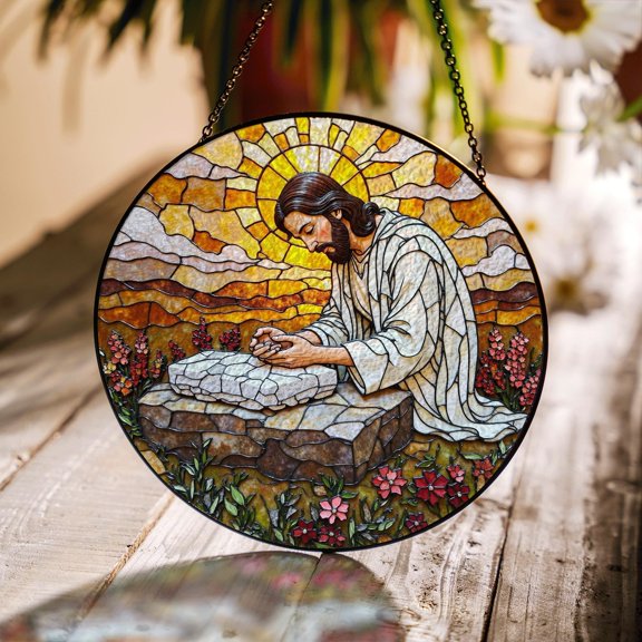 Jesus Praying Glass Round Suncatcher, Christian Friend Decor, 3.5 in