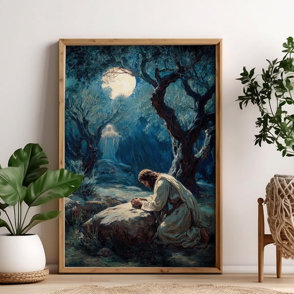 Jesus Praying In The Garden Of Gethsemane, Jesus Kneeling In Prayer Poster, Spiritual Christian Wall Art, Bible Inspired Faith Based Decor