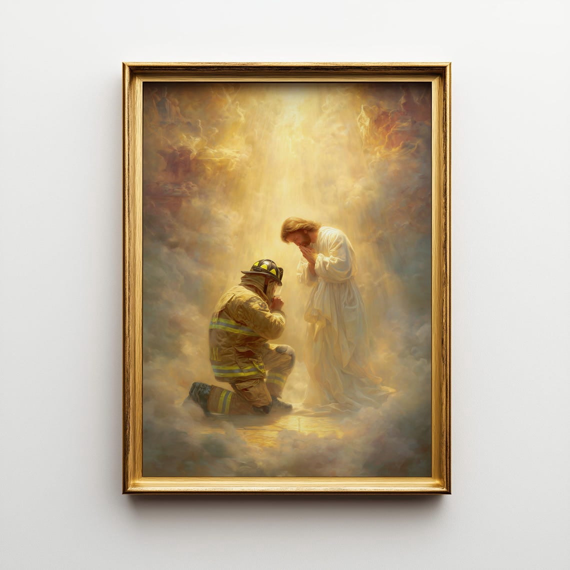 Jesus Praying With Firefighter Print Style Christian Wall Art Home ...