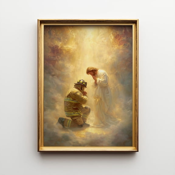 Jesus Praying with Firefighter Christian Faith Oil Painting Style Religious Tribute Artwork Size 24x36, Unframed Poster