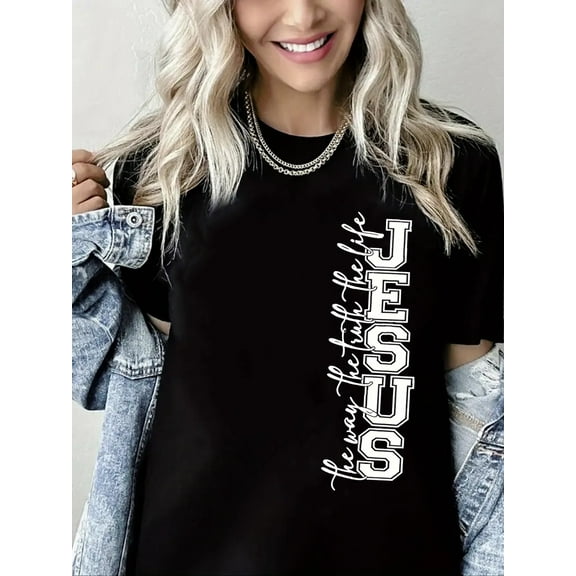 Jesus Print Christian Shirts for Women Black One-Piece