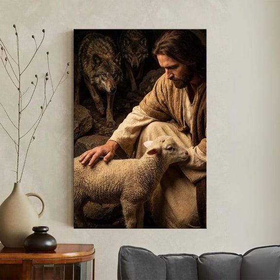 Jesus Protecting Lamb Print The Good Shepherd Wall Art Christian Home Decor Wolves In Cave Biblical Religious Unframed Paper Print