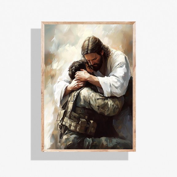 Jesus Protecting Soldier Print Inspirational Christian Art Military Decor Faith Wall Idea, Unframed Paper Poster 8x10in