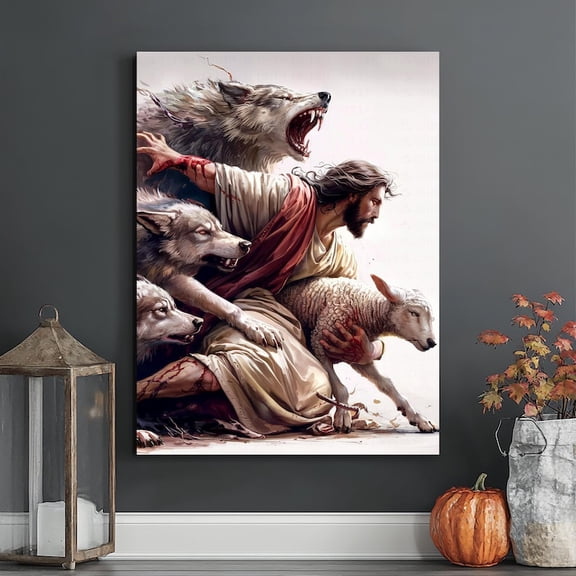Jesus Protecting the Lamb Canvas - Christian Wall Art, Faith and Strength Decor