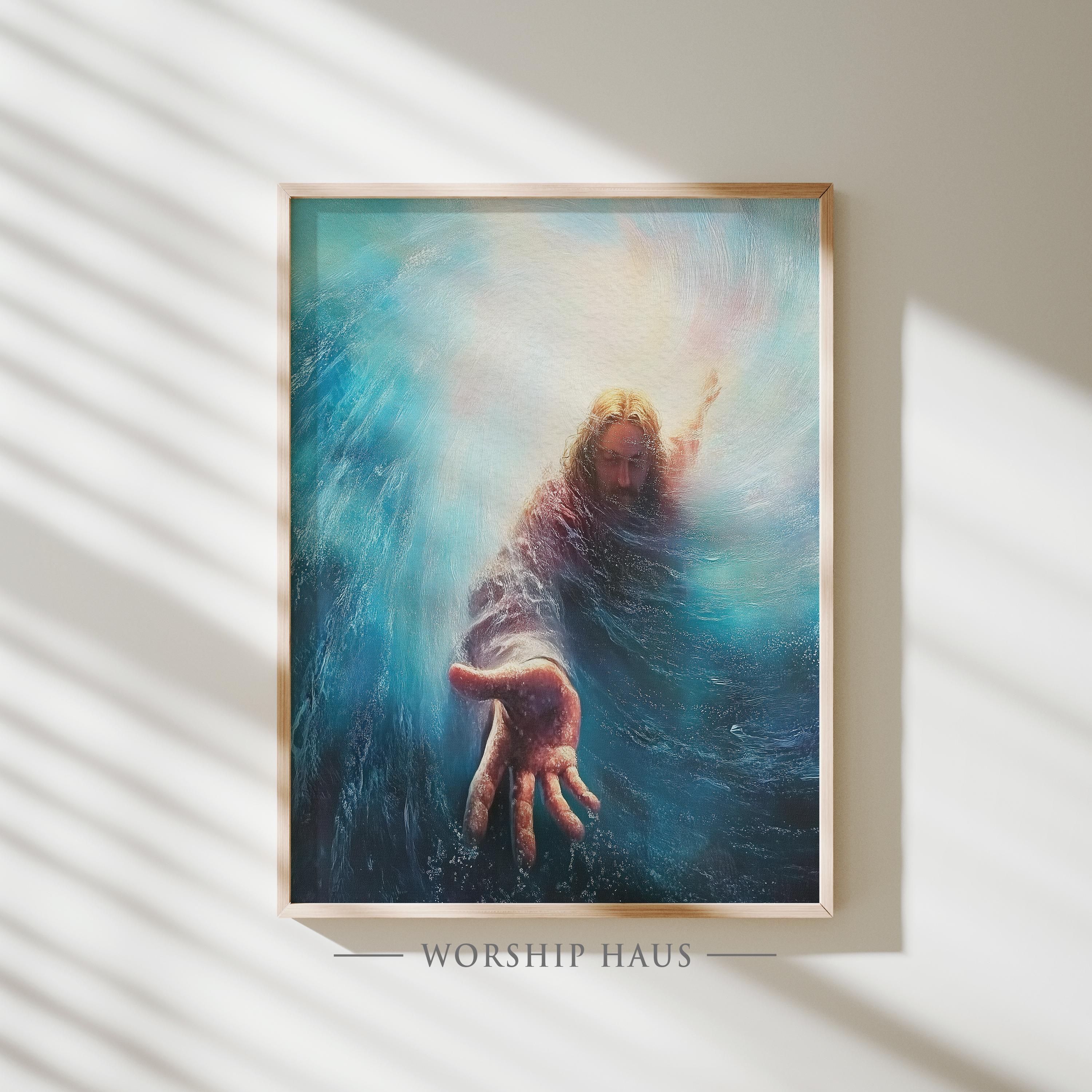 Jesus Reaching Into Water Christian Wall Art Saving Hand Scene ...