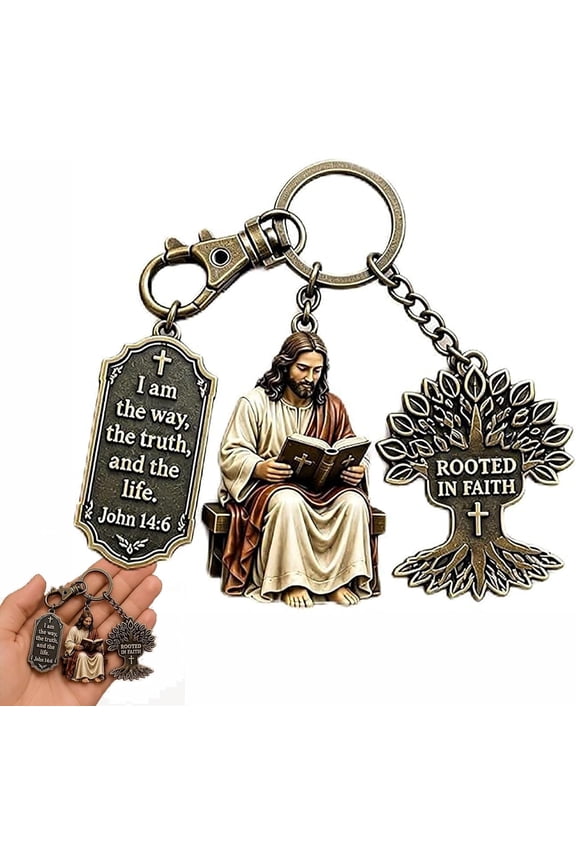 Jesus Reading Keychain with John 14:6 Bible Verse, Christian Faith Key Ring, Rooted in Faith Inspirational Gift for Unisex
