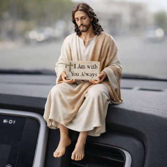 Jesus Resin Desk Companion Figurine, Car Dashboard Home Office Decor Jesus Christ Statue with "I Am with You Always" Sign, Handmade Sitting Religious Decorative, Unique Spiritual Gift
