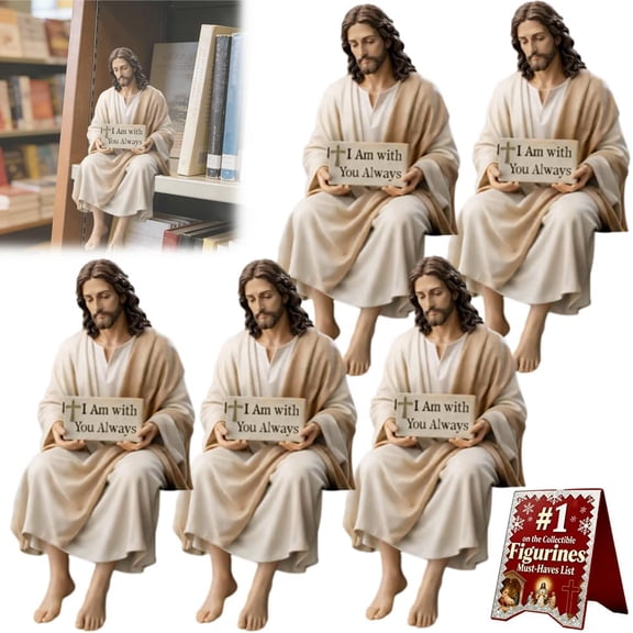 Jesus Resin Desk Companion Figurine, Car Dashboard Home Office Table Decor Jesus Christ Statue with "I Am with You Always" Sign, Handmade Sitting Religious Decorative, Unique Spiritual Gift (5PCS)