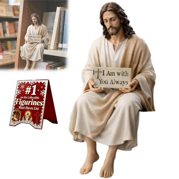 Jesus Resin Desk Companion Figurine | "I Am with You Always" Sign | Handmade Sitting Religious Statue for Car Dashboard, Home & Office Decor, Spiritual Gift