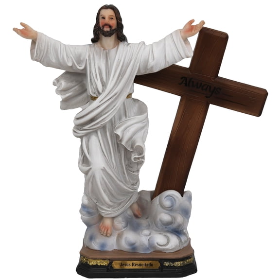 Jesus Resucitado 8" Con Cruz, Aleluya Ah Resucitado ! Risen Christ Resin Catholic Religious Statue Home Decor
