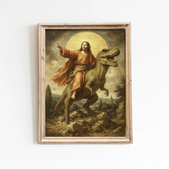 Jesus Riding Dinosaur Print, Surreal Religious Wall Art, Unframed Paper Poster 11x14in