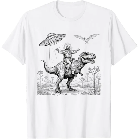 Jesus Riding Dinosaur T-rex UFO Hunting Alien Sci-fi Lover T-Shirt, Unisex T-Shirt