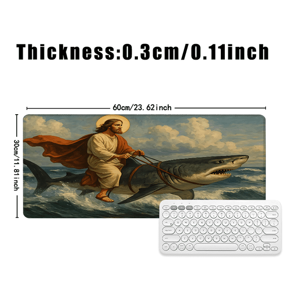 Jesus Riding Shark Mouse Pad 31.5 x 11.82 Inches Rubber Desk Mat with Religious Art Design for Office and Gaming