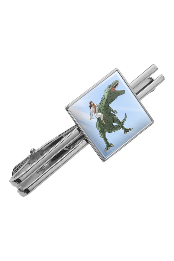 Jesus Riding a T-Rex Square Tie Bar Clip Clasp Tack- Silver or Gold