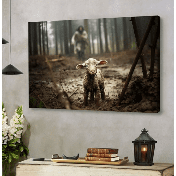 Jesus Running After Lost Lamb Christian Canvas Wall Art, Bible Verse Scripture Print, Inspirational Religious Wall Decor Gift