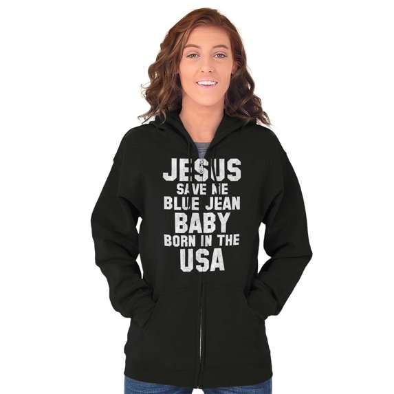 Jesus Save Me Baby Born in the USA Zip Up Hoodie Men's Women's Brisco Brands M