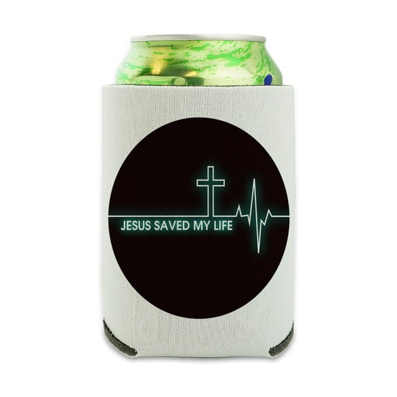 Jesus Saved My Life EKG Heart Rate Pulse Religious Christian Can Cooler - Drink Sleeve Hugger Collapsible Insulator - Beverage Insulated Holder