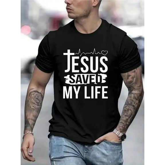 Jesus Saved My Life Print T Shirt, Tees For Men, Casual Short Sleeve T-shirt For Summer