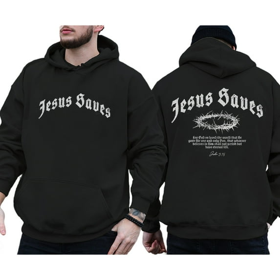 Jesus Saves Double Sided Christian Hoodie – Faith Based Religious Pullover, Inspirational Jesus Graphic Hoodie for Men & Women