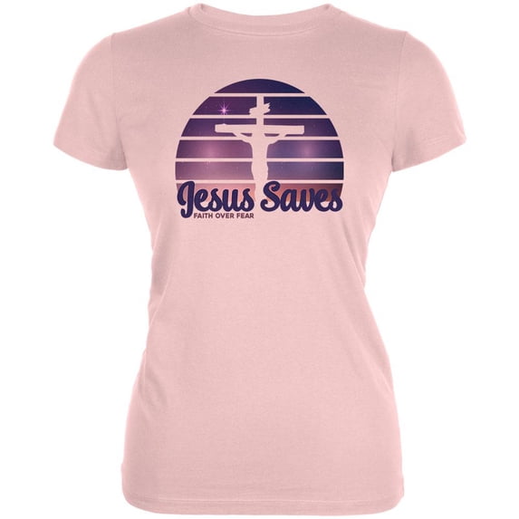Jesus Saves Faith Over Fear Sun Crucifix Juniors Soft T Shirt Blush Pink 2XL