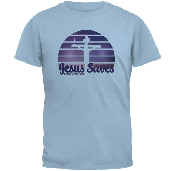 Jesus Saves Faith Over Fear Sun Crucifix Mens T Shirt Light Blue 2XL