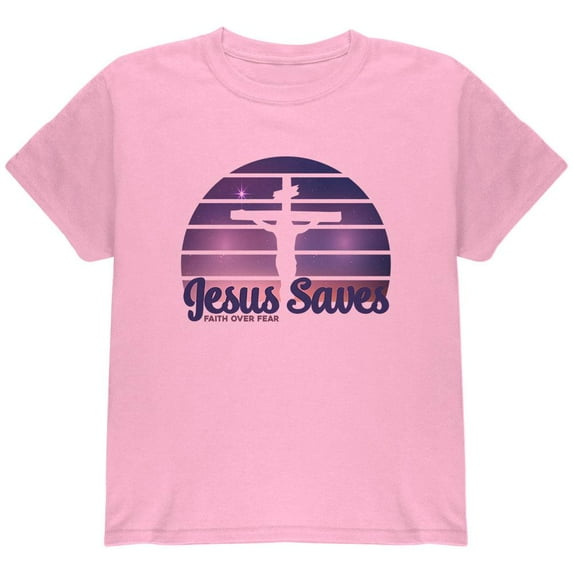 Jesus Saves Faith Over Fear Sun Crucifix Youth T Shirt Light Pink Youth X-SM