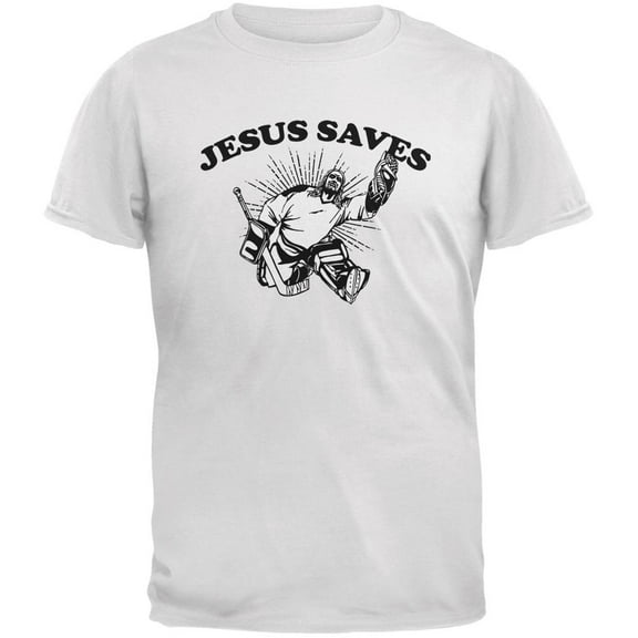 Jesus Saves Hockey White Adult T-Shirt - X-Large